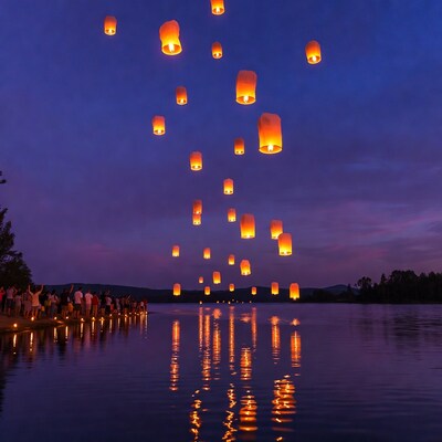 Crowd releasing lanterns over lake