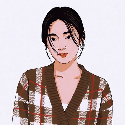 Asian woman in plaid cardigan illustration