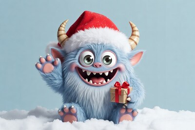 Cute Yeti waving with Christmas gift