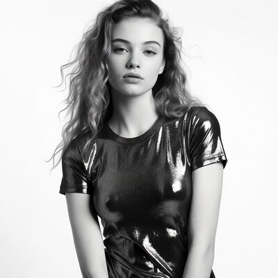 Woman with wavy hair in shiny top