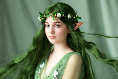 Green-haired elf girl with flower crown