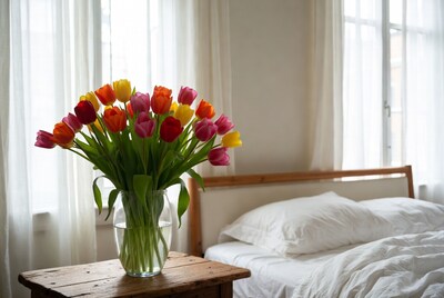 Colorful Tulips in Vase by Bed