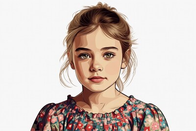 Girl with ponytail in floral dress illustration