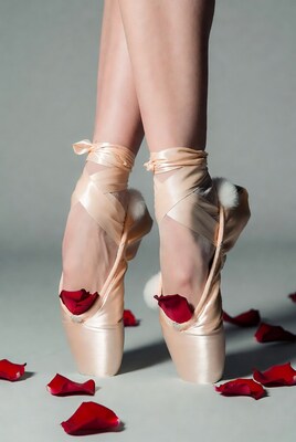 Ballerina pointe shoes with red rose petals