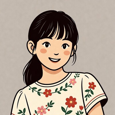 Smiling Asian girl in floral shirt illustration
