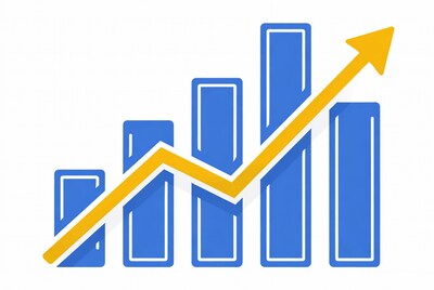 Blue Bar Graph with Upward Yellow Arrow