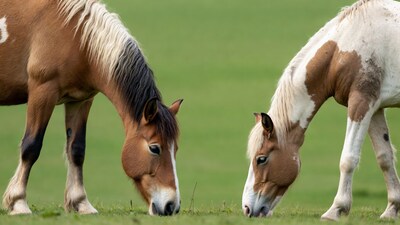 Two horses grazing on green grass