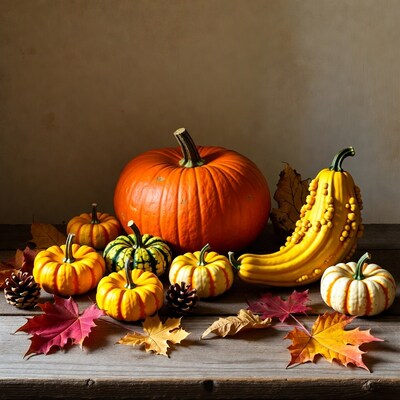 Assortment of pumpkins and gourds on wood
