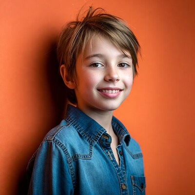 Boy smiling against orange wall