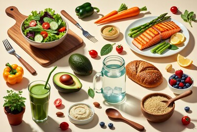 Healthy Food Flatlay with Salmon Salad