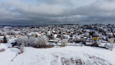 Snowy Village with Church Aerial View