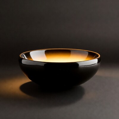 Black ceramic bowl with golden light