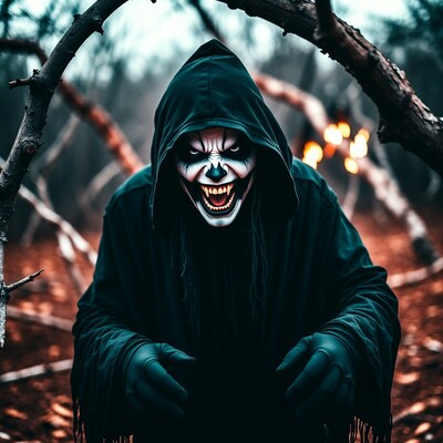 Scary hooded clown in dark forest