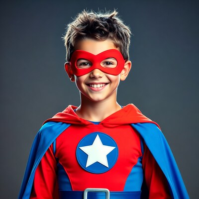 Boy in red superhero costume smiling
