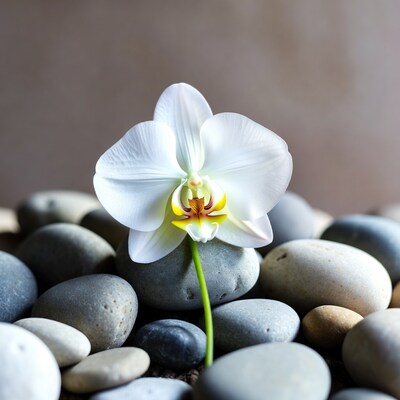 White Orchid on Gray Pebbles