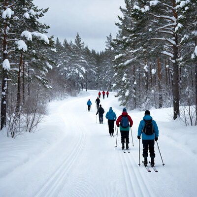 Group cross-country skiing snowy forest trail