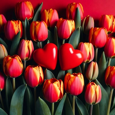 Red Tulips with Hearts on Red Background