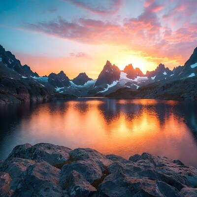 Sunset over mountains and lake