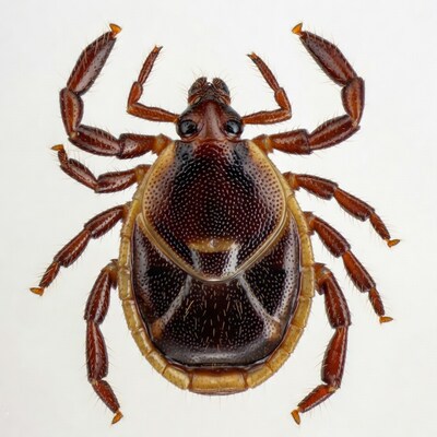 Brown tick on white background