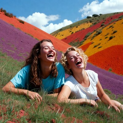 Two girls laughing in colorful hills