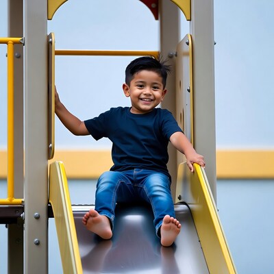 Asian boy sliding on playground slide