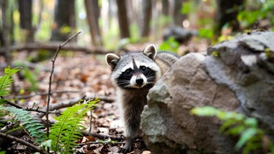 Raccoon peeking from rock in forest