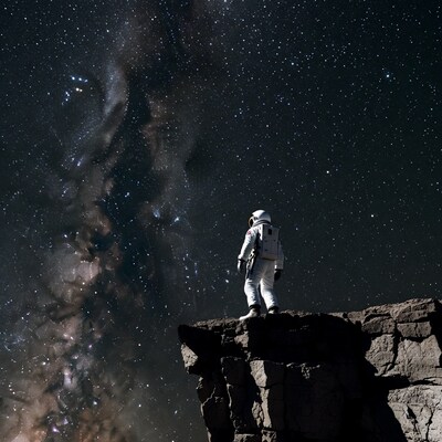 Astronaut standing on cliff gazing at Milky Way
