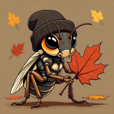 Cute wasp wearing beanie holding leaf