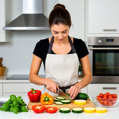 Woman chopping vegetables in kitchen