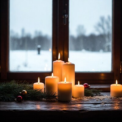 Christmas Candles by Snowy Window