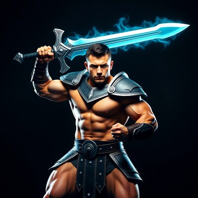 Muscular warrior holding glowing sword