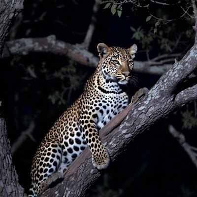 Leopard on tree branch at night