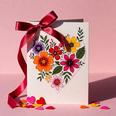 Floral Heart Greeting Card with Red Bow