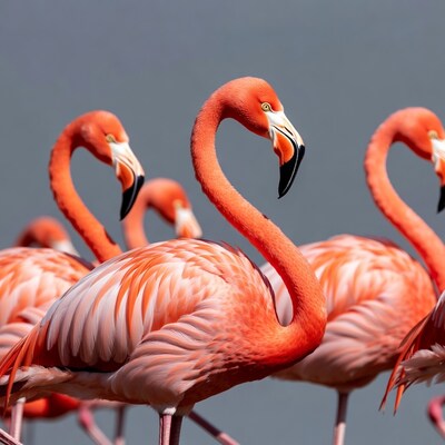Group of pink flamingos on gray background