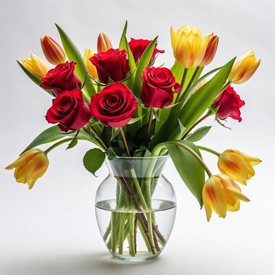 Red Roses and Yellow Tulips in Vase