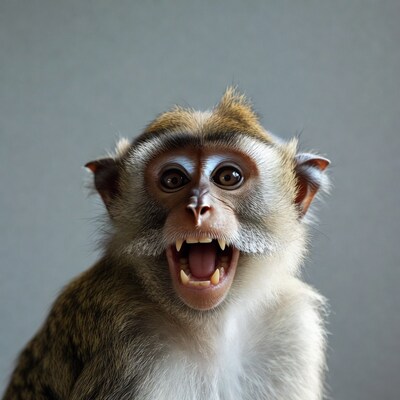 Long-tailed macaque grinning with open mouth