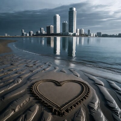 Heart in sand with city skyline
