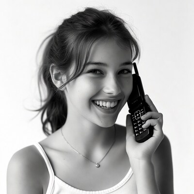 Smiling woman holding flip phone
