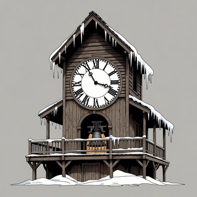 Snowy Wooden Cuckoo Clock Tower