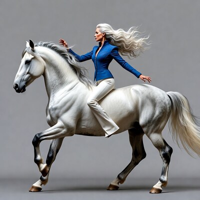 Woman riding white horse
