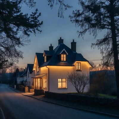 Lit White Cottage at Twilight