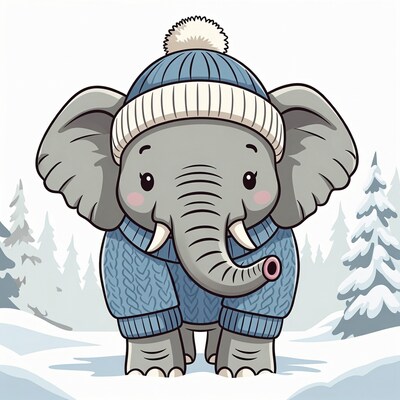 Cute elephant in hat and sweater