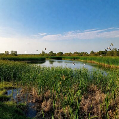 Birds flying over marsh pond