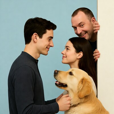 Couple with golden retriever peeking man