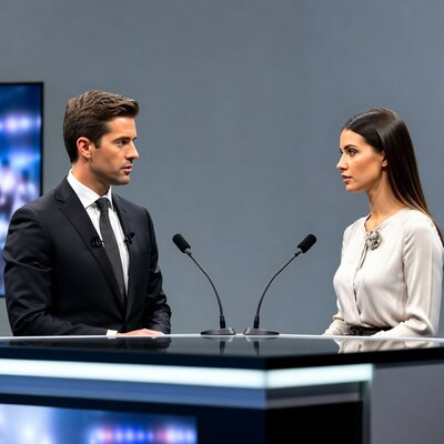 Man and woman at news desk
