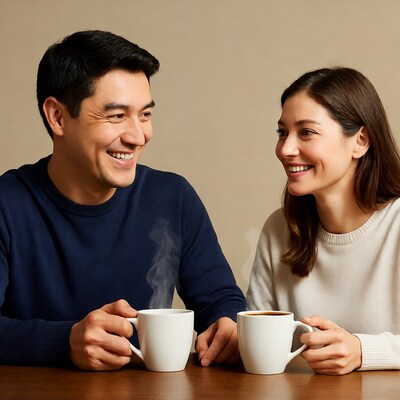 Asian couple smiling holding coffee mugs
