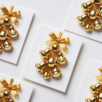 Gold Jingle Bells on White Cards