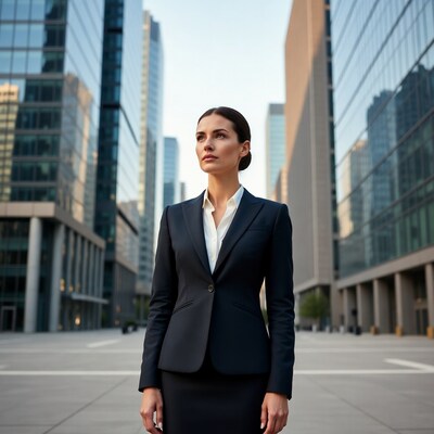 Businesswoman standing in city skyscrapers