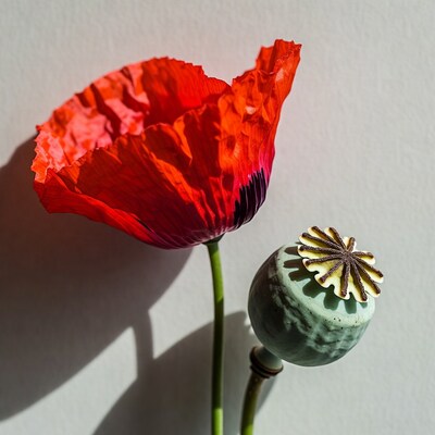 Red Poppy Flower and Green Pod