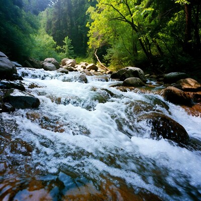 Mountain Stream Flowing Over Rocks